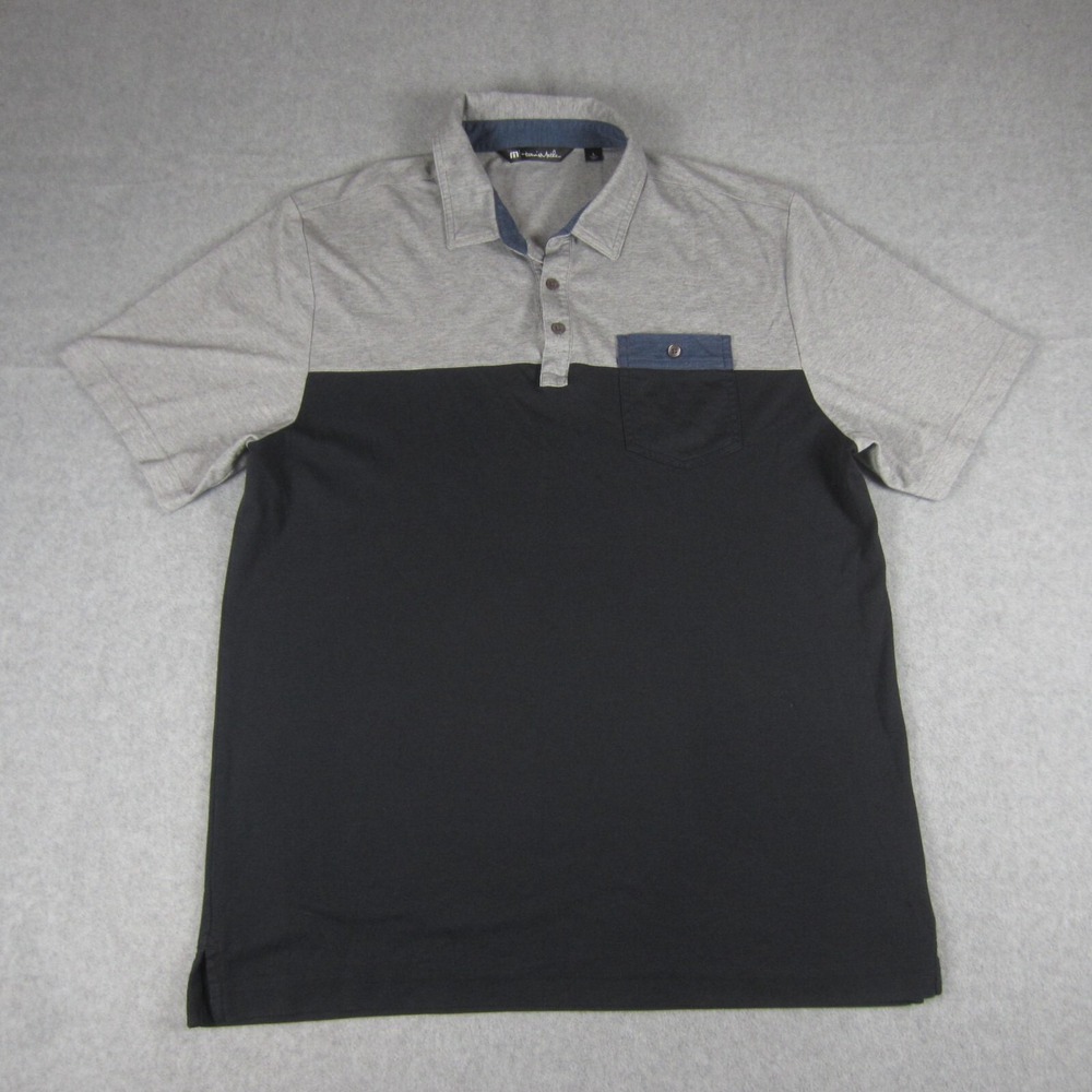 Travis Mathew Mens L Polo Shirt Gray Blue Color Block Pima Cotton Blend Golf Top